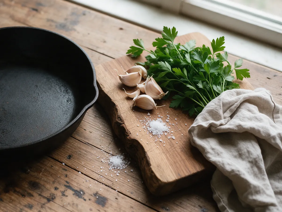 Poêle en fonte vide, gousses d'ail, persil plat et gros sel sur une table en bois