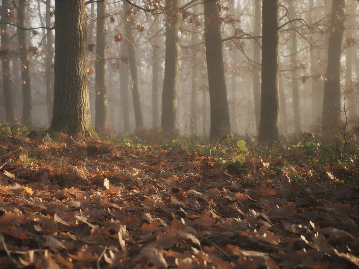 Sol d'une chênaie couvert de feuilles mortes rousses, dans la brume d'un matin d'automne